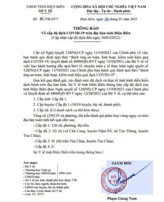 Thông báo Về cấp độ dịch COVID-19 trên địa bàn tỉnh Điện Biên (Cập nhật cấp độ dịch đến ngày 26/01/2022)